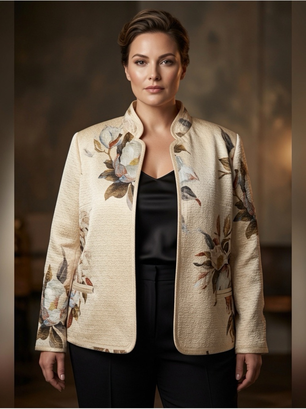 Linda Allard Ellen Tracy Floral Textured Jacket Cream Brocade Coatigan Size 18